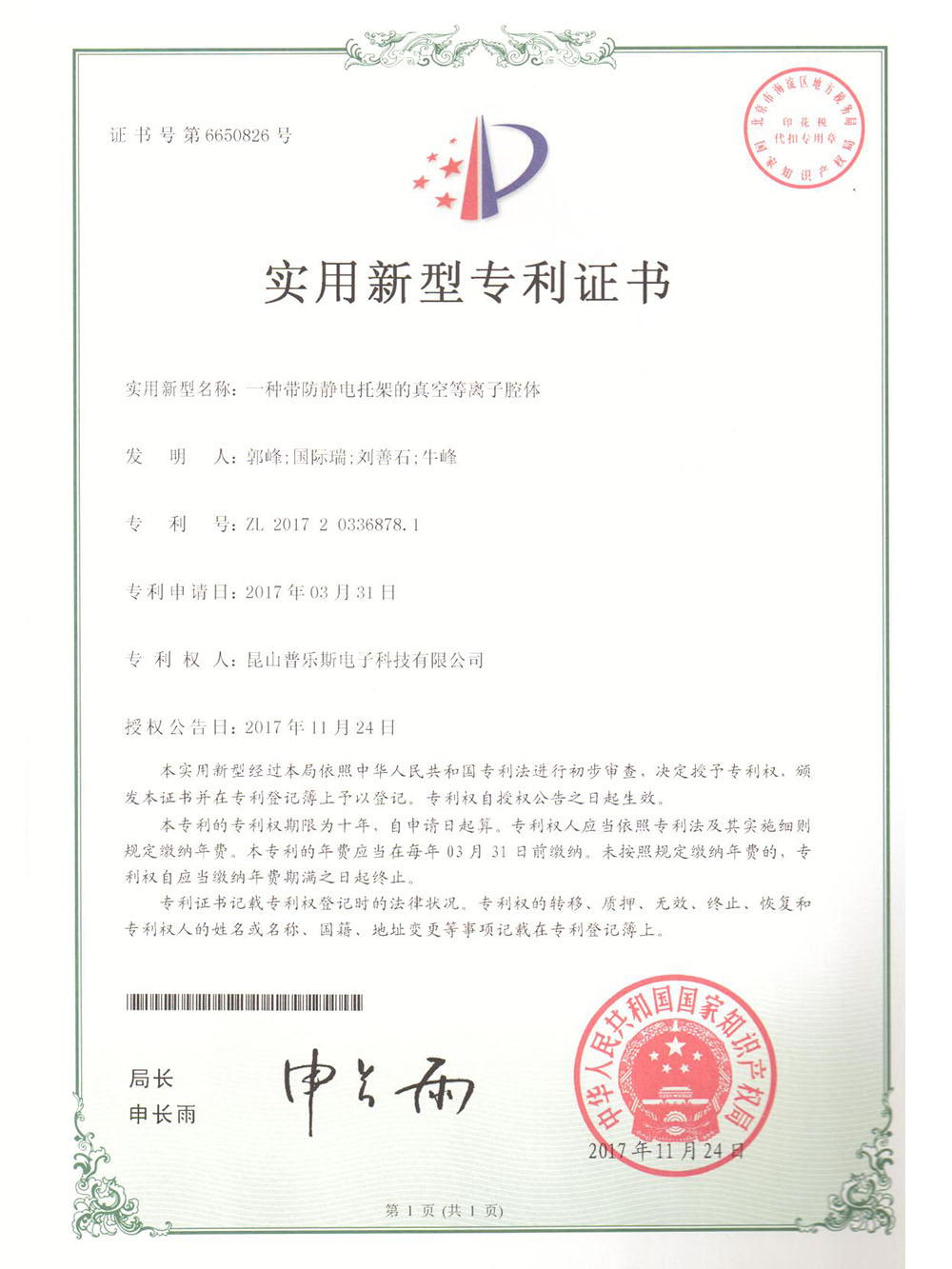 一種帶防靜電托架的真空等離子腔體