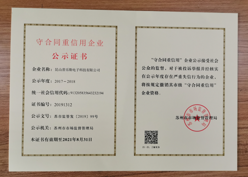 普樂斯榮獲市級守合同重信用公式證書